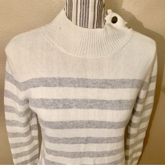 Magaschoni Sweater Small White Grey Stripes Gold Buttons Collar Wool Cashmere - Picture 2 of 14